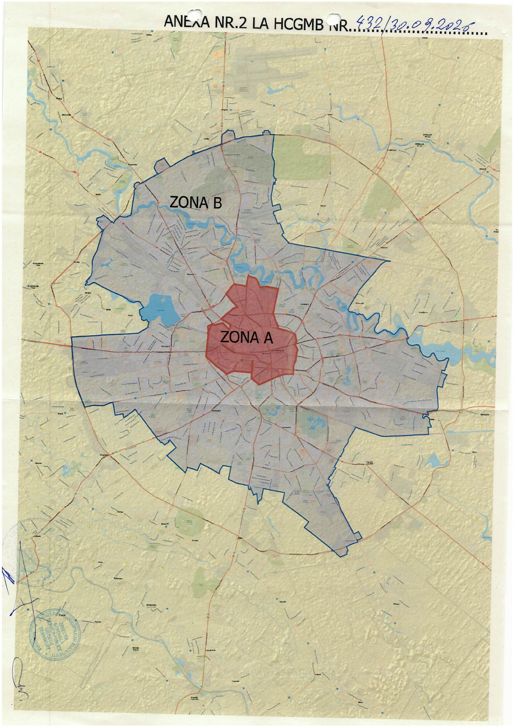 Harta oficială PMB din Anexa 2 a HCGMB 432/2026: Zona A centrală, Zona B până la limita municipiului, aplicabilă din 1 ianuarie 2027